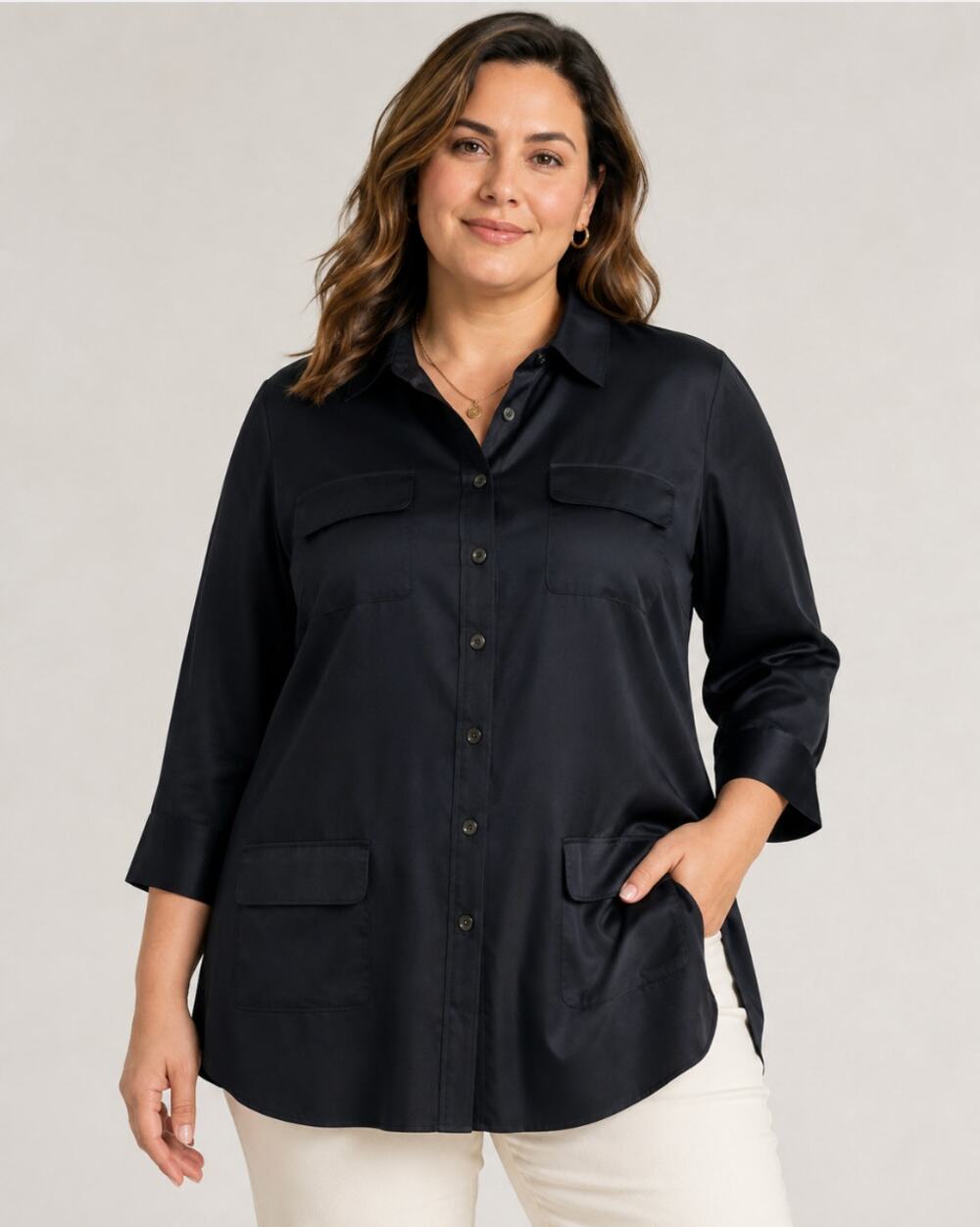 Jones New York Collection Woman 18W Black Button Front Shirt Four Pocket Blouse